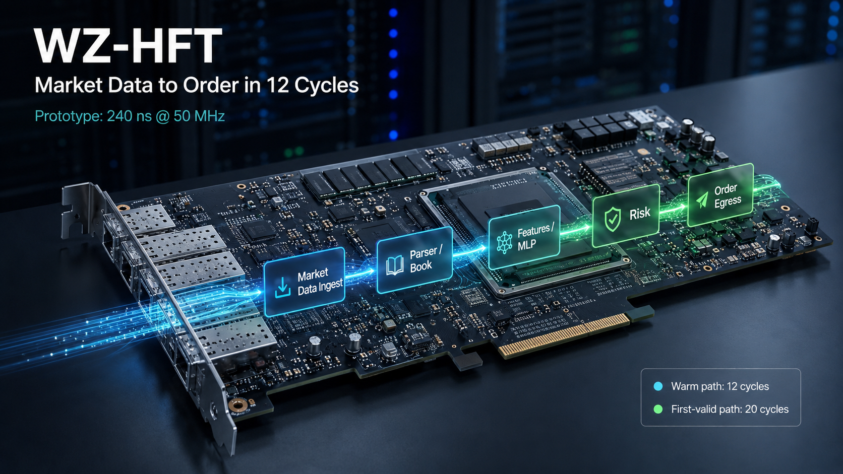 WZ-HFT reference SoC: market data to order in 12 cycles, 240 ns at 50 MHz